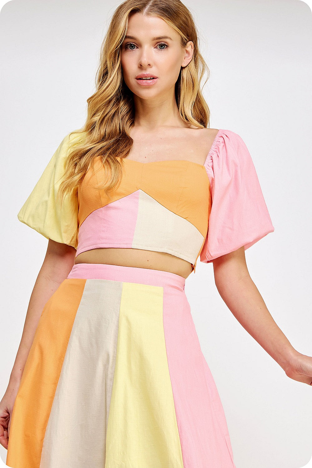 Color Block Short Puff Sleeveless Linen Top