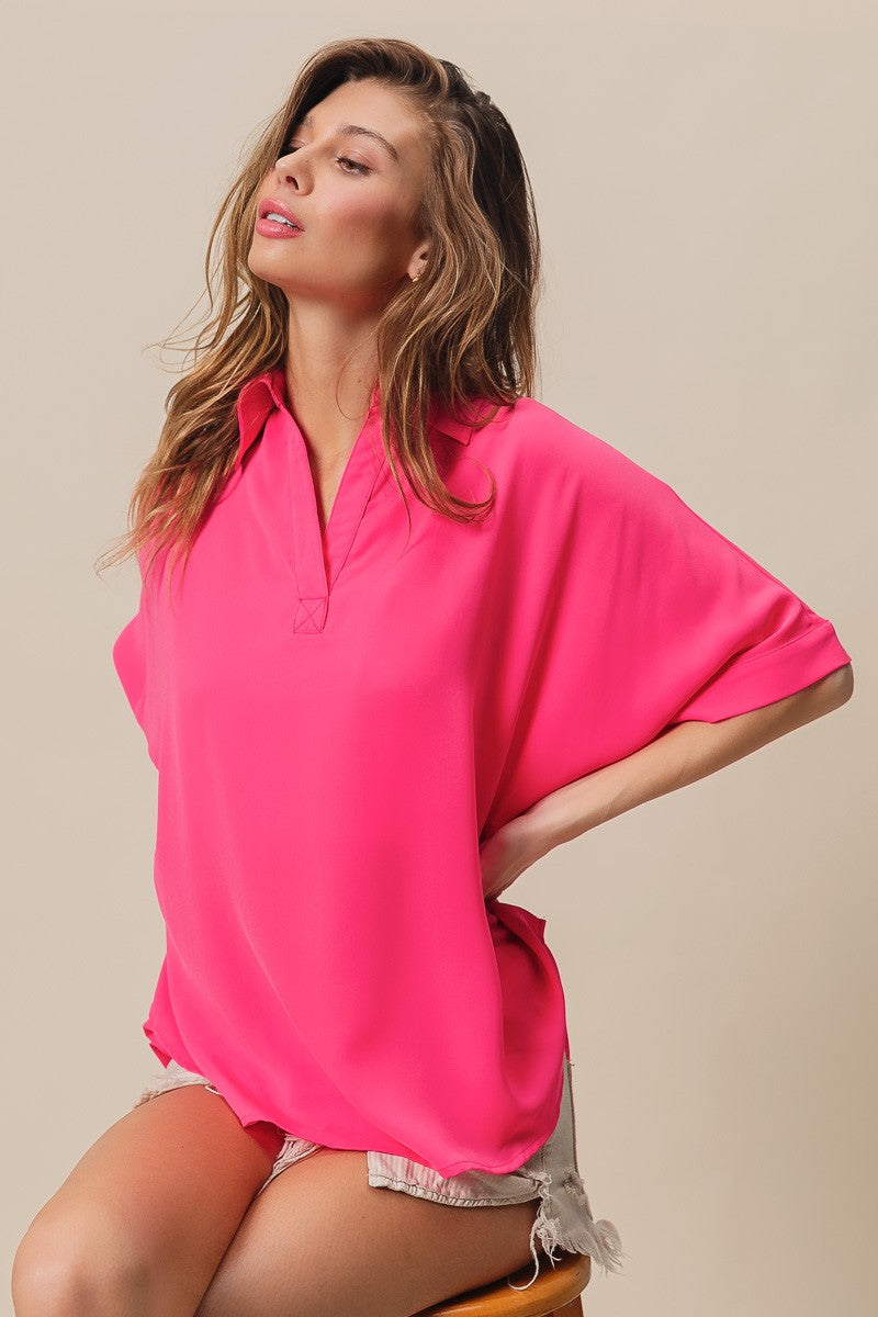 Short Dolman Sleeve Collared V-Neck Silky Top