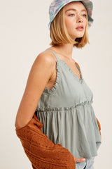 Textured Cotton V-Neck Ruffle Camisole Top