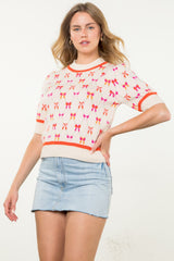 Short Sleeve Ribbon Pattern Knit Top