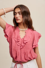 Ruffled Button Front Tie Waist Blouse Top