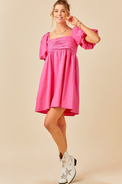 Pink Puff Sleeve Ruched Bodice Open Back Dress