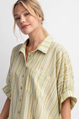 Oversized Short Sleeve Striped Button Down Top