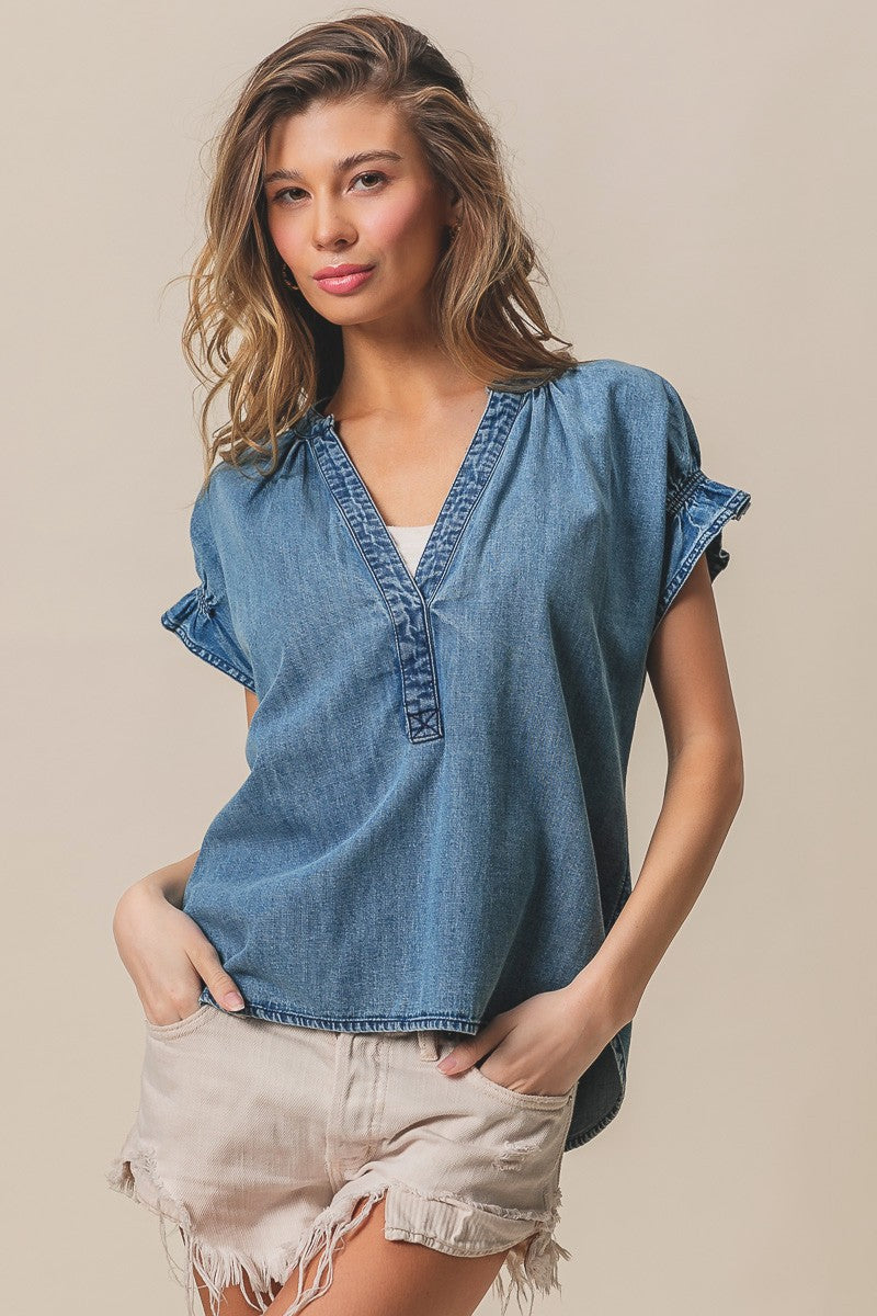 Ruffled Washed Denim Top