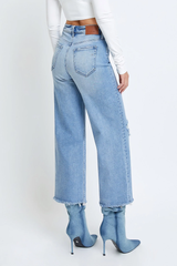 Vintage Wash Knee Distressed Cropped Wideleg Jeans