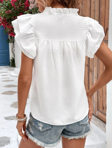 Notched Neckline Butterfly White Sleeve Blouse