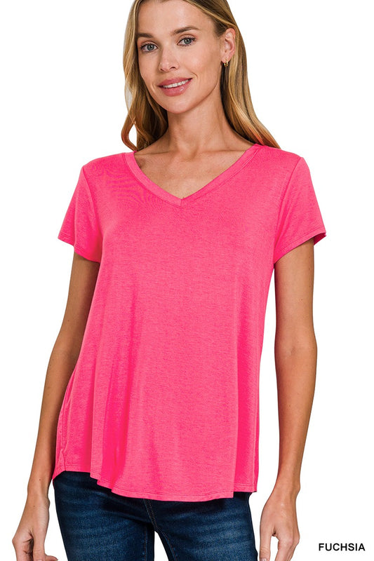 Rayon Short Sleeve V-Neck Round Hem Top