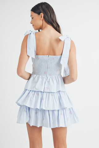 Bow Tied Shoulder Corset Tiered Mini Dress