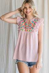 Mauve Striped Print Embroidery Yoke Top