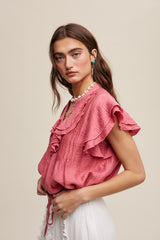 Ruffled Button Front Tie Waist Blouse Top