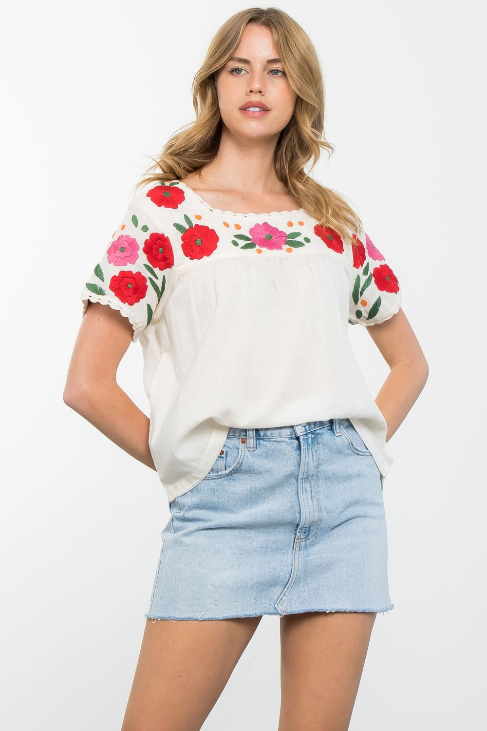 Flower Embroidered Short Sleeve Top