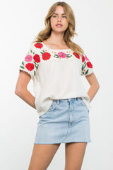 Flower Embroidered Short Sleeve Top