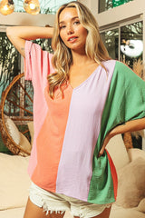 Air Flow Color Block Roll Up Sleeve V-Neck Top