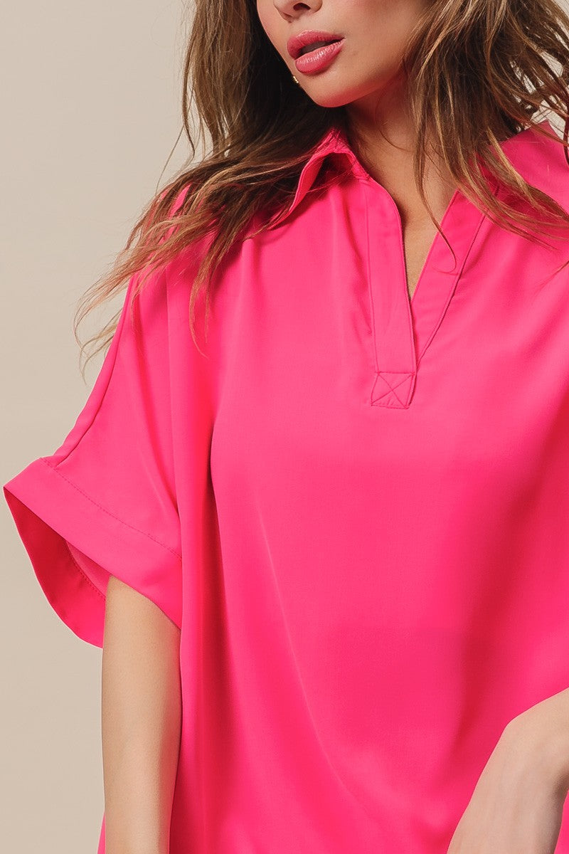 Short Dolman Sleeve Collared V-Neck Silky Top