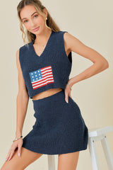 Flag Print Cropped Top And Mini Skirt Sweater Set