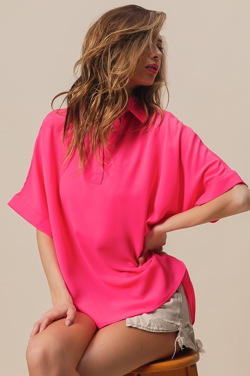 Short Dolman Sleeve Collared V-Neck Silky Top