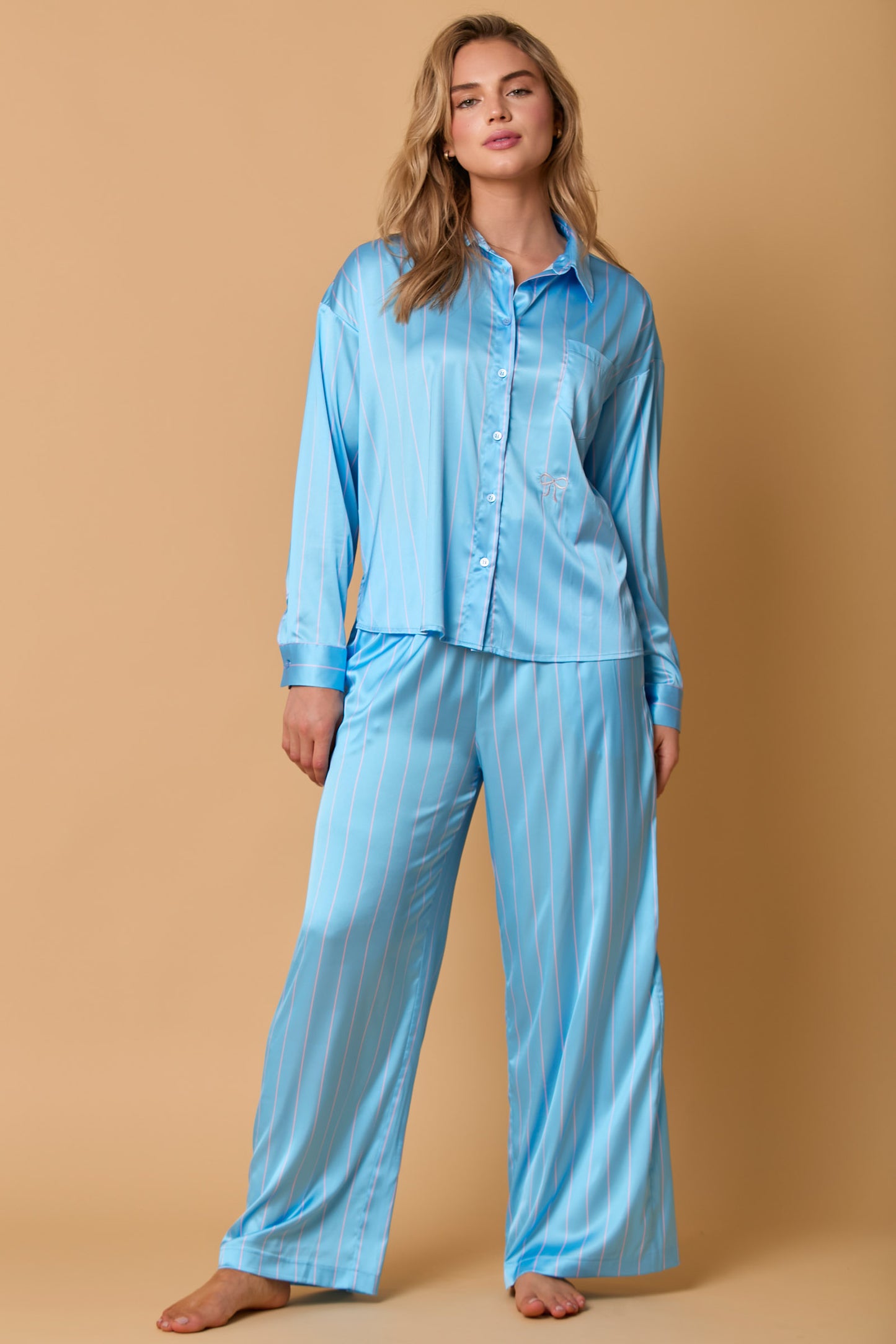 Satin Stripe Pajama Set with Bow Embroidery