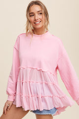 Crew Neck Sweat Top with Tiered Babydoll Contrast
