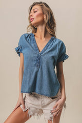 Ruffled Washed Denim Top