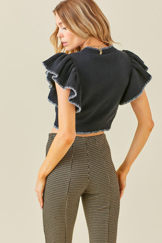 Ruffle Sleeves Contract Detail Cropped Sweater