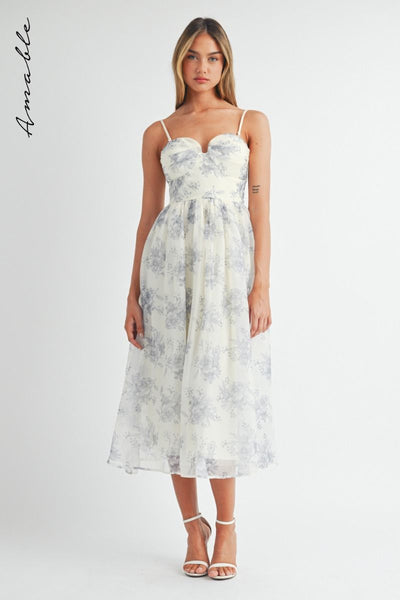 Floral Organza Plunged Strapless Midi Dress