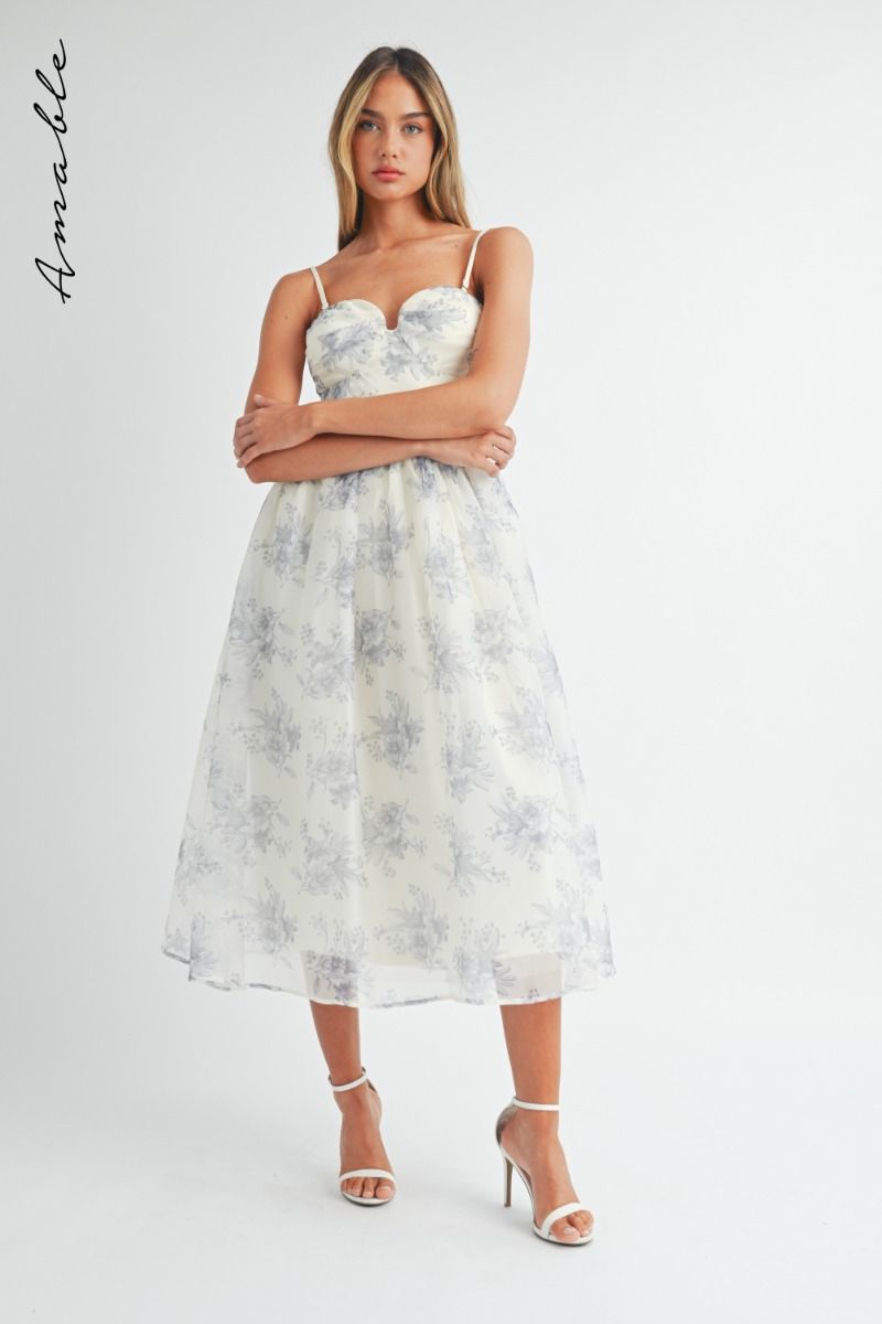 Floral Organza Plunged Strapless Midi Dress