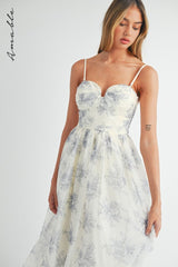 Floral Organza Plunged Strapless Midi Dress