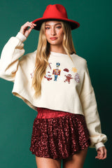 Sequin Christmas Motif Cropped Sweatshirt
