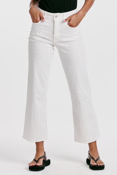 Holly Super High Rise Wide Hem Straight Jeans White Pointelle