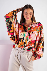 Floral Print Button Down Long Sleeve Collared Top