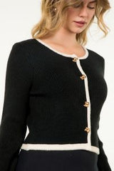 Rib Knit Bow Button Cardigan